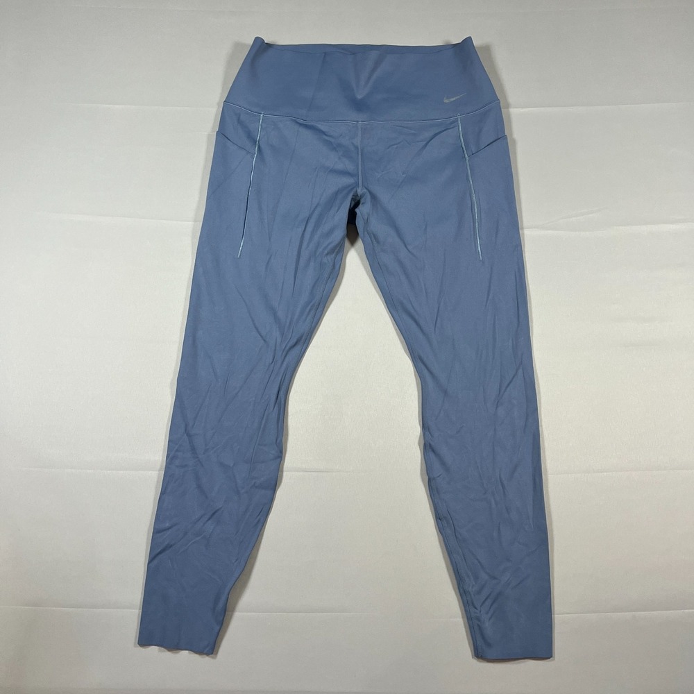 Nike Dri Fit Leggings Womens XL Blue Swoosh Logo Elastic Waist Gym Performance - Picture 1 of 9